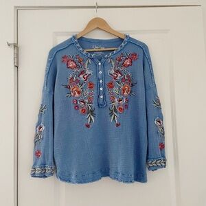 Kyla Seo Delia Embroidered Floral Boho Gauze Top Blue
